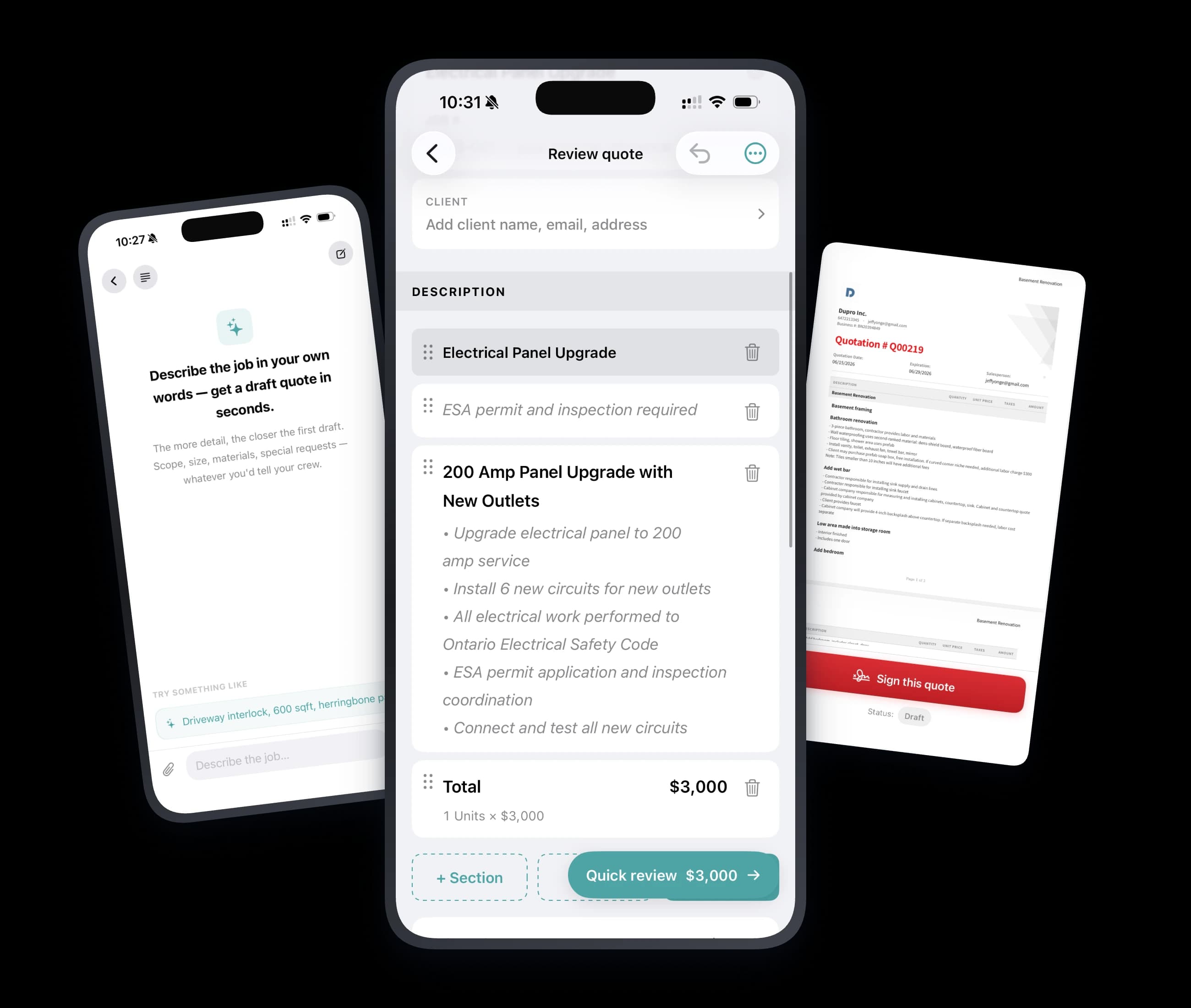 AI-drafted quote on iPhone — describe, edit, and ship as PDF