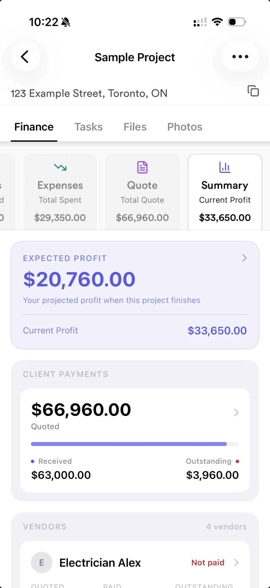 RenoJira project summary — quoted, received, and expected profit