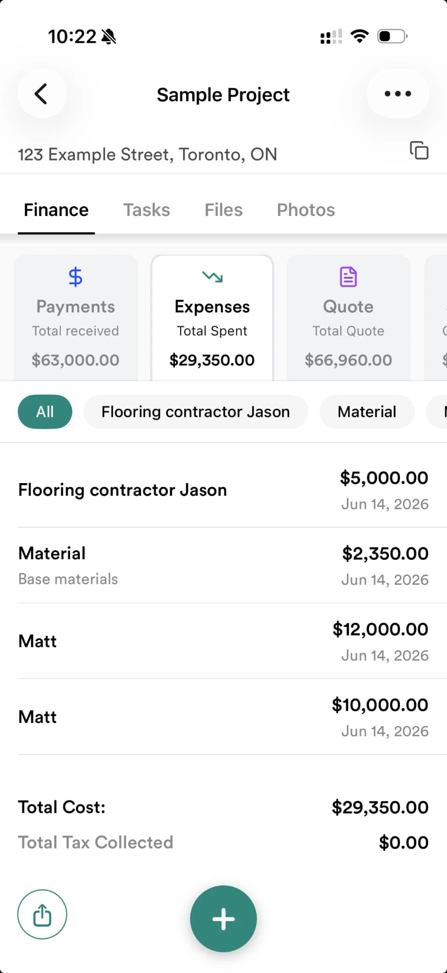 RenoJira project finances — expenses, payments, and real profit per job