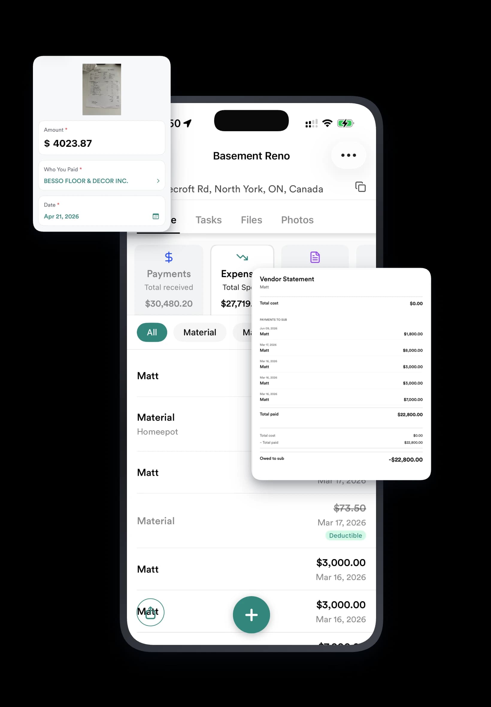 Basement Reno expenses on iPhone, with a receipt-scan card and a vendor statement PDF alongside