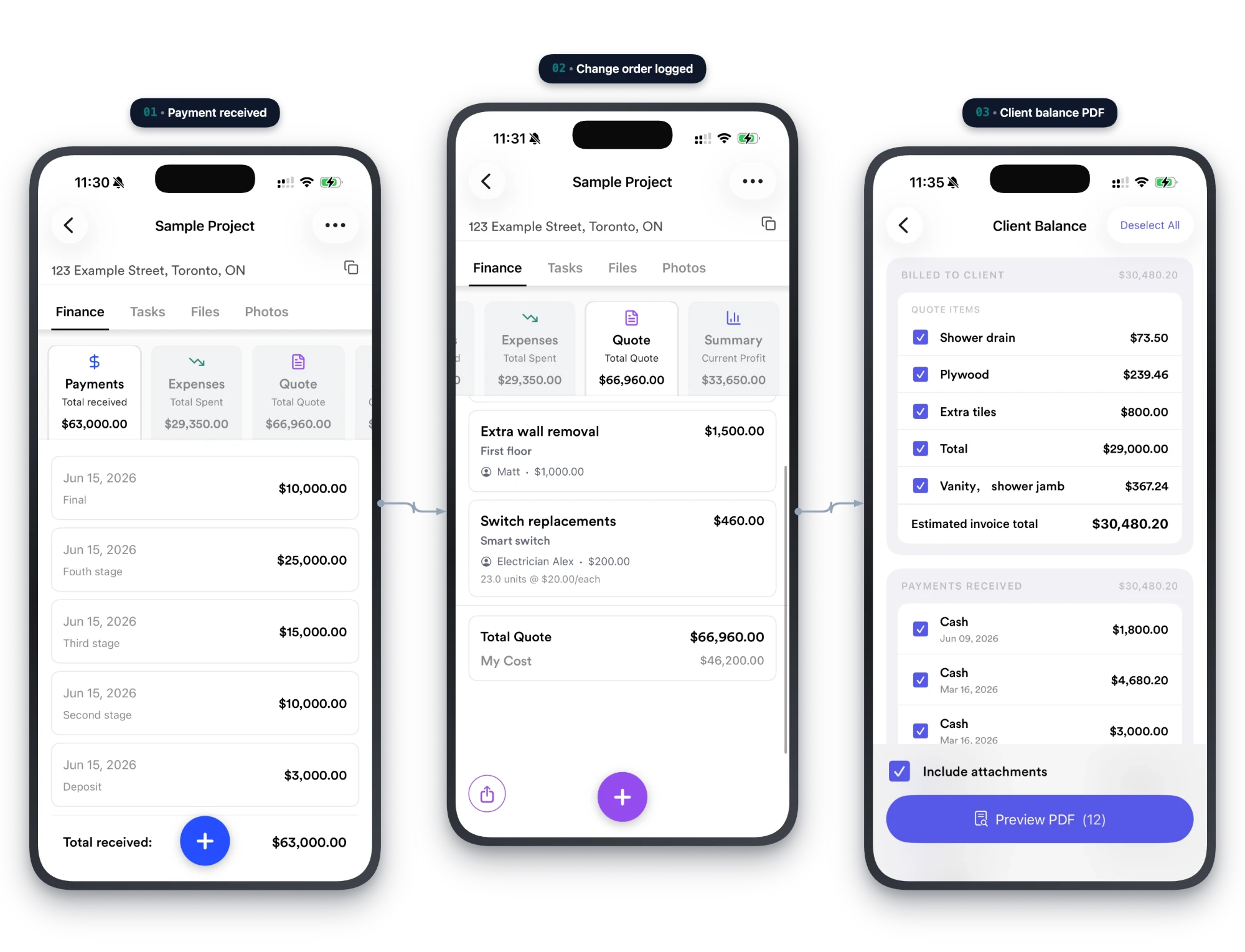 Three-step workflow: payment received, change order logged, client balance PDF