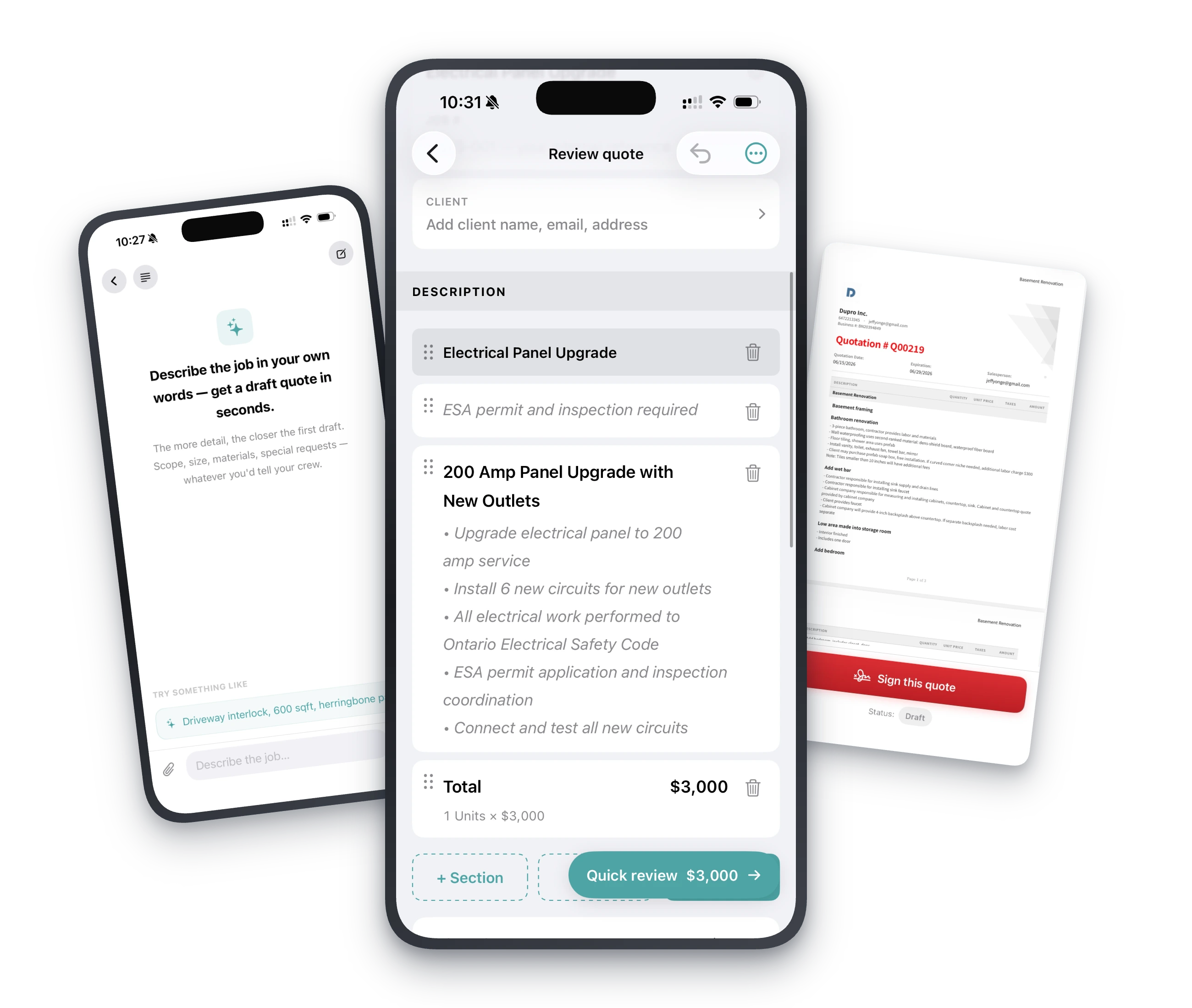 AI-drafted quote on iPhone — describe, edit, and ship as PDF