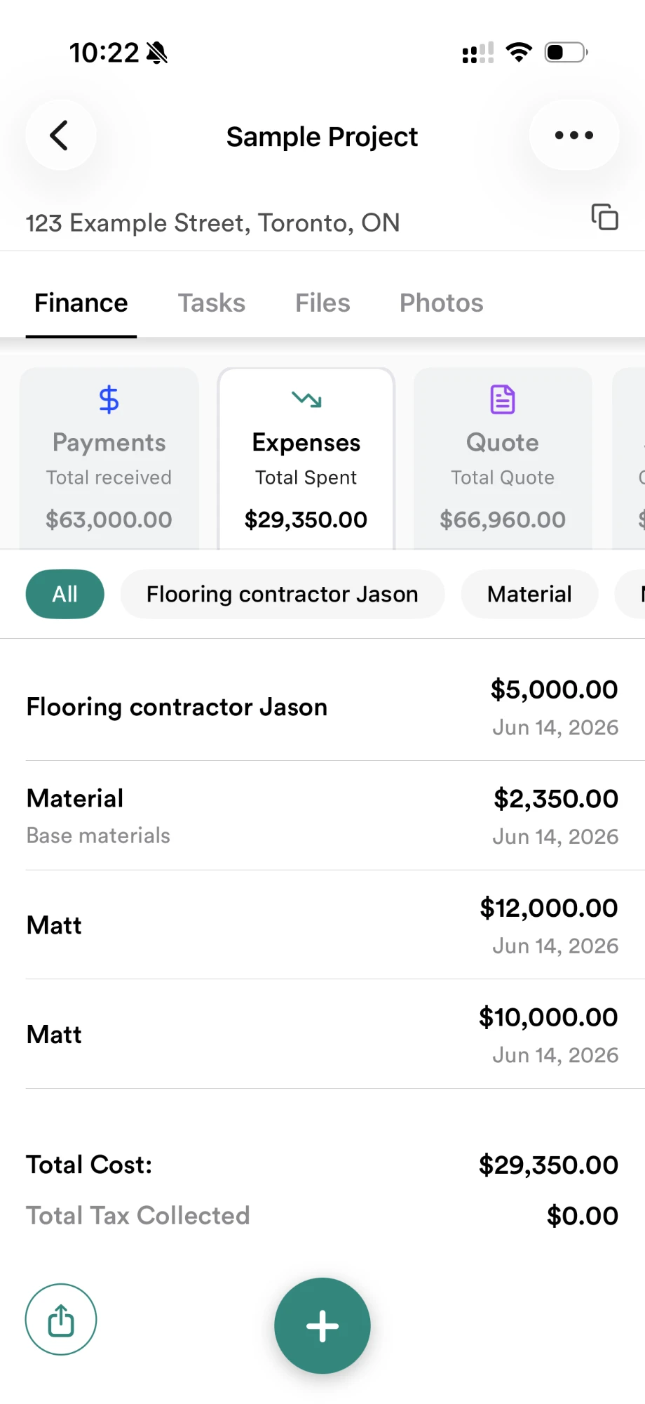 RenoJira project finances — expenses, payments, and real profit per job