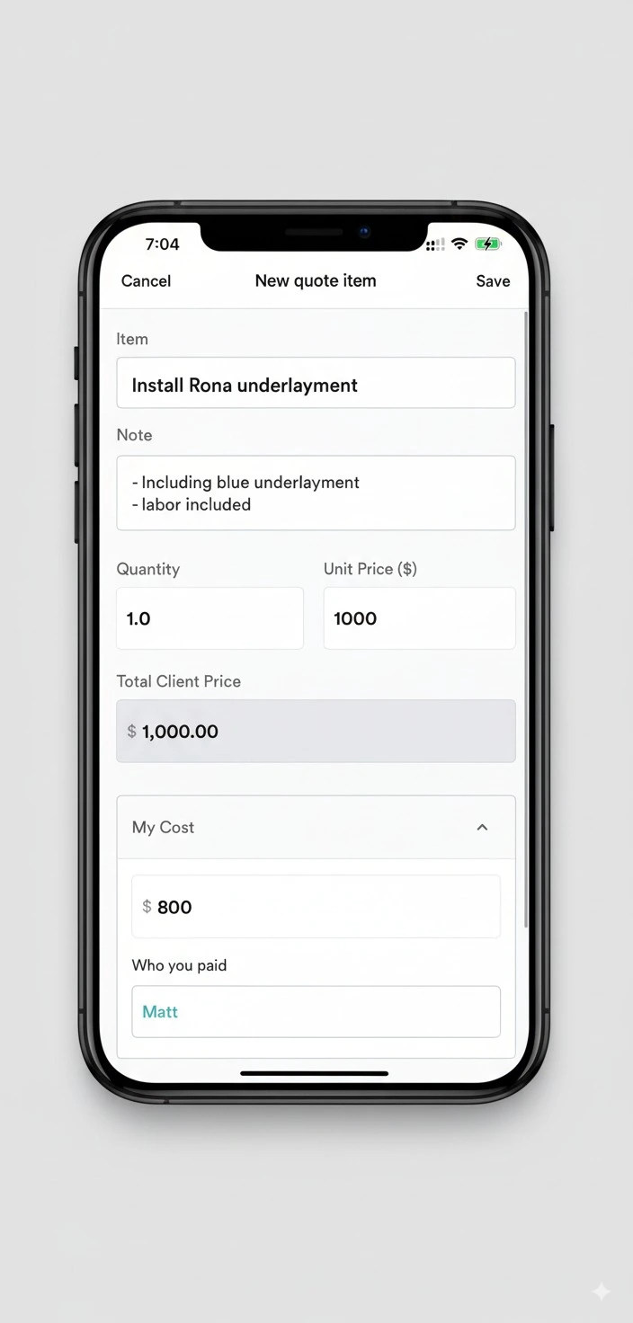 RenoJira change order form for adding new quote items