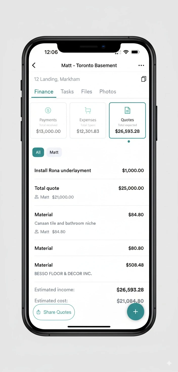 RenoJira quotes overview showing estimated income and costs