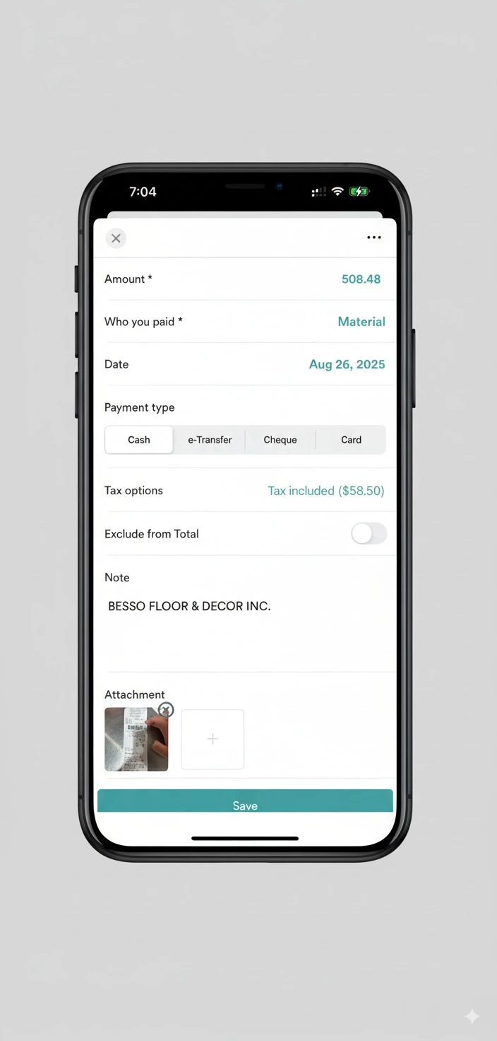 RenoJira expense entry form with receipt photo attachment