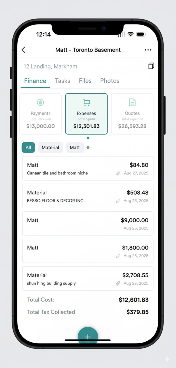 RenoJira finance dashboard showing payments, expenses, and quotes overview