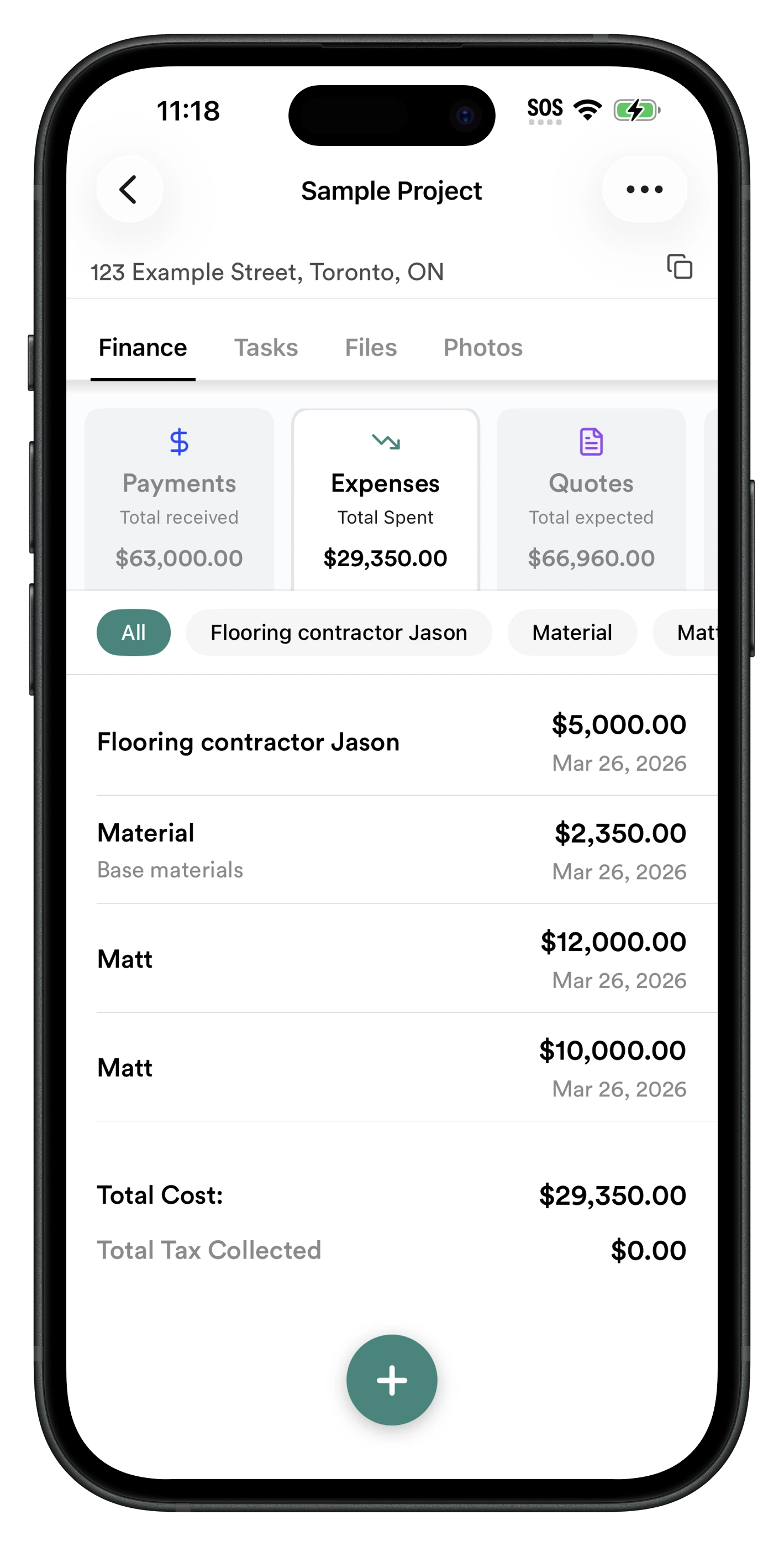 RenoJira expense tracking showing categorized construction expenses with deductible tags