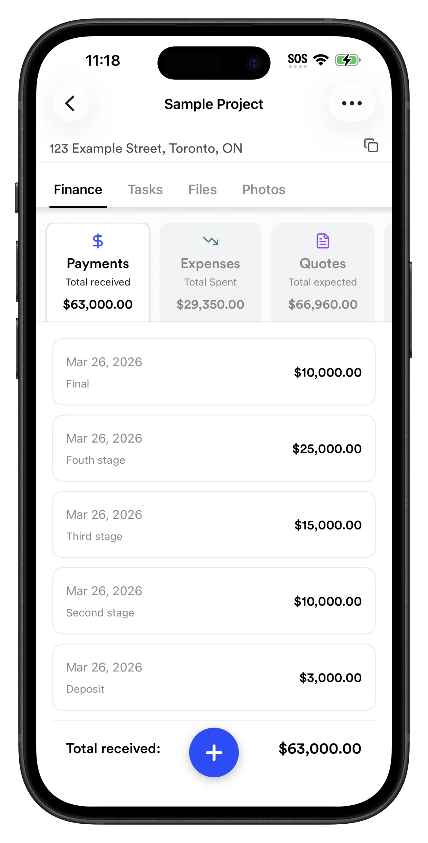 RenoJira payment tracking showing staged payments from deposit to final for construction projects