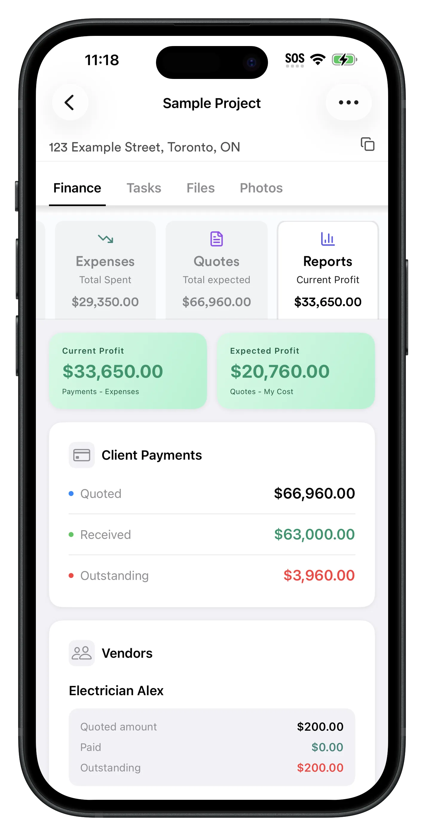 RenoJira financial report showing current profit, expected profit, and client payment status