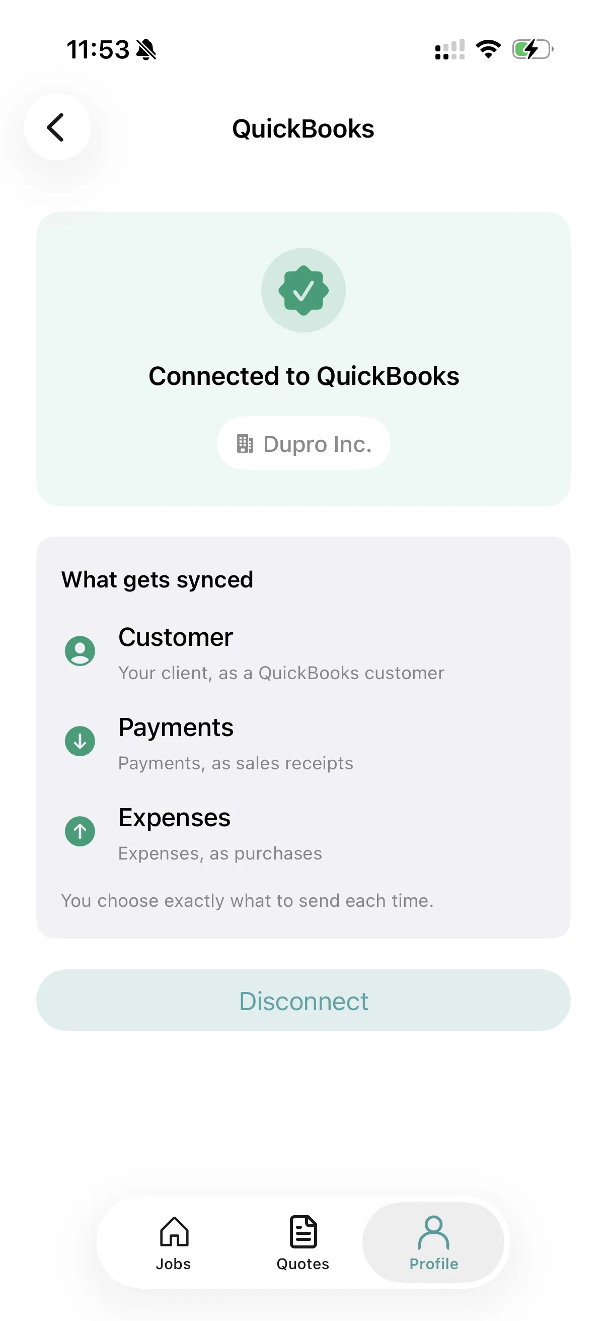 RenoJira 'What gets synced' screen — Customer, Payments, and Expenses syncing to QuickBooks Online