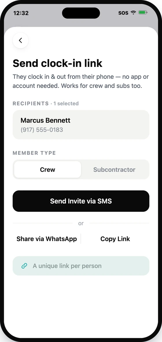 Choose Crew or Subcontractor, then send