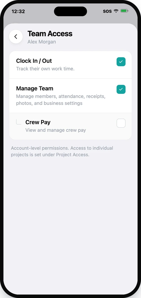 Toggle Clock In / Out, Manage Team, Crew Pay