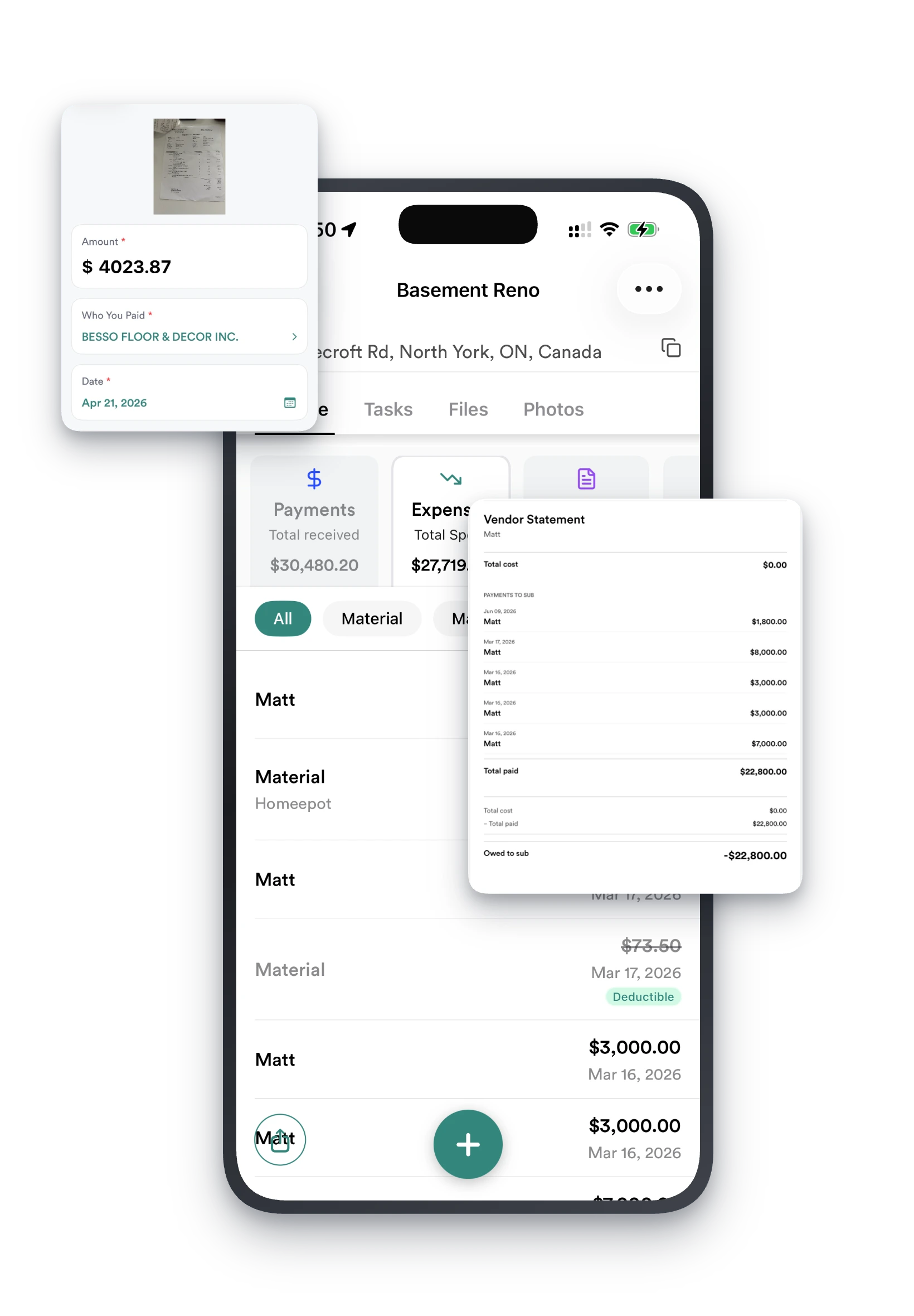 Basement Reno expenses on iPhone, with a receipt-scan card and a vendor statement PDF alongside